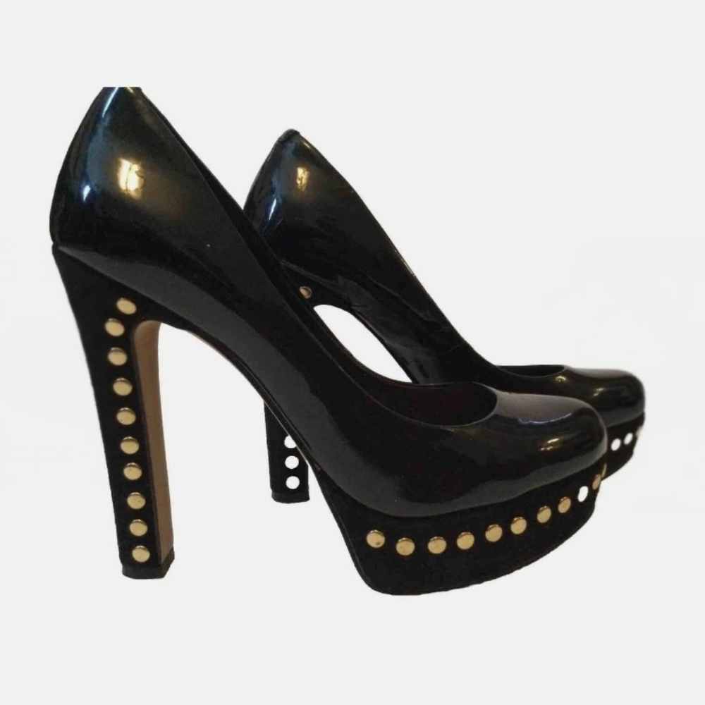 Vince Camuto Black Patent Leather Gold Studded High Heel Pumps